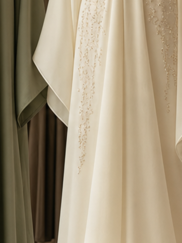 Close-up of hand-laid pearl embroidery on a Nura Atelier abaya
